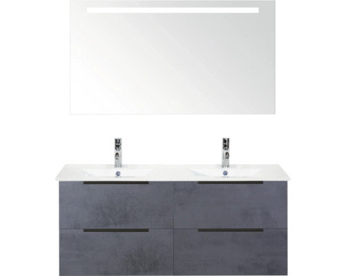 Badezimmermöbel-Set mit Doppelwaschtisch, Unterschrank und Spiegel mit Beleuchtung
