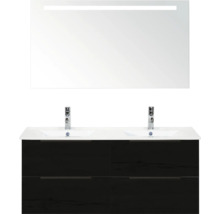 Waschtisch mit zwei Waschbecken, Unterschrank und beleuchtetem Spiegel