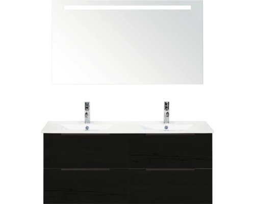 Waschtisch mit zwei Waschbecken, Unterschrank und beleuchtetem Spiegel