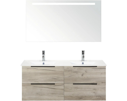 Badezimmermöbel-Set mit Doppelwaschbecken, Unterschrank mit Schubladen und Spiegel mit Beleuchtung