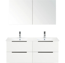 Waschtisch mit zwei Waschbecken, Unterschrank mit Schubladen und Spiegelschrank für das Badezimmer