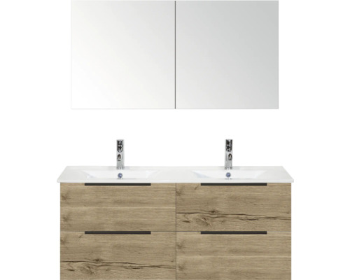 Waschtisch mit Spiegel, zwei Waschbecken und vier Schubladen in Holzoptik