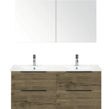 Waschtisch mit zwei Waschbecken, Armaturen, Spiegelschrank und Holzstruktur