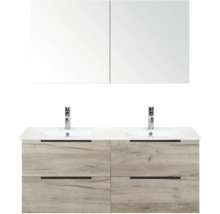 Waschtisch mit zwei Waschbecken, Unterschrank mit vier Schubladen und Spiegelschrank mit zwei Türen