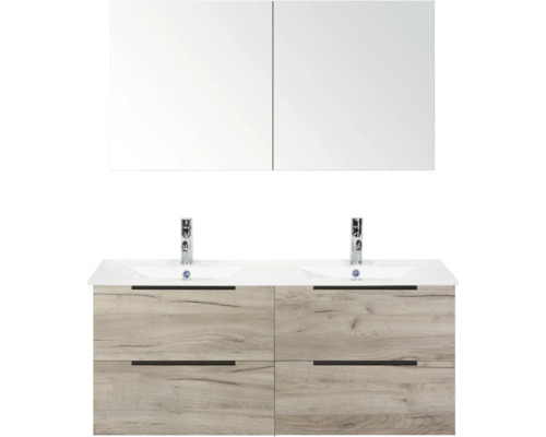 Waschtisch mit zwei Waschbecken, Unterschrank mit vier Schubladen und Spiegelschrank mit zwei Türen