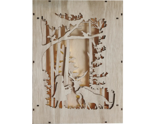 Leuchtfigur Lafiora Holzrahmen 30 LEDs Lichtfarbe warmweiß inkl. 6 Stunden Timer Dekorative Holzlampe mit Waldmotiv, inklusive Hirsch, Wolf und Mädchen