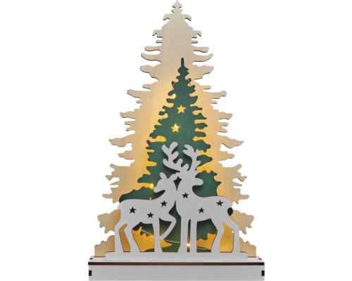 Leuchtfigur Lafiora Baum Hirsch Holz 30 LEDs Lichtfarbe warmweiß inkl. 6 Stunden Timer Dekorationsartikel aus Holz mit Weihnachtsbaum und Rentier-Motiv