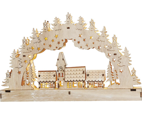 Leuchtfigur Lafiora Brücke Holz 30 LEDs Lichtfarbe warmweiß inkl. 6 Stunden Timer Dekorative Fensterbeleuchtung aus Holz mit Winterdorf und Sternen