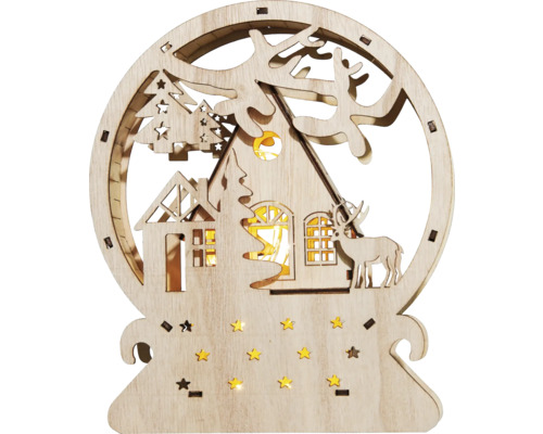 Leuchtfigur Lafiora Riesenrad Holz 30 LEDs Lichtfarbe warmweiß inkl. 6 Stunden Timer Dekorative Schneekugel aus Holz mit Haus, Tannenbaum und Hirsch