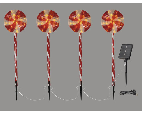Leuchtfigur Lafiora Stab Lolly Solar 80 LEDs Lichtfarbe warmweiß inkl. 6 Stunden Timer Viererpackung LED-Solarleuchten im Lutscherdesign mit Solarpanel und USB-Kabel
