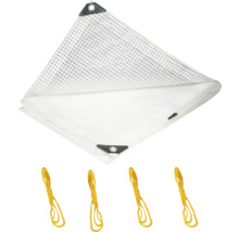 Weiße Gewebeplane mit Ösen und gelben Spanngummis