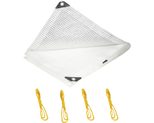 Weiße Gewebeplane mit Ösen und gelben Spanngummis