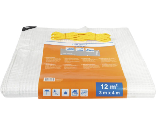 Weiße Abdeckplane, 3 mal 4 Meter, mit gelbem Seil