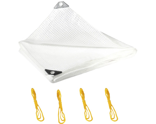 Weiße Gewebeplane mit Ösen und Spannseilen