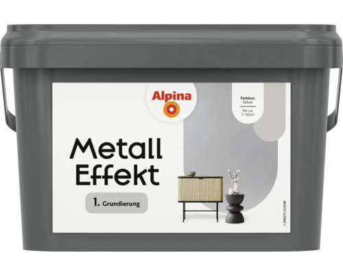 Alpina Gruniderung Effektfarbe Metall Farbeffekt silber 2,5 l Eimer mit Alpina Metall Effekt Grundierung in Silber
