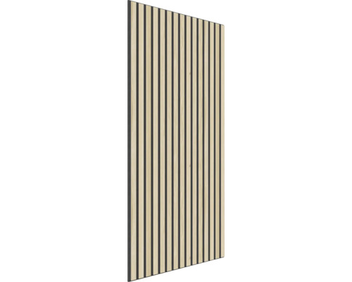 Holzpaneel mit hellen Holzlatten und dunklen Akustikstoffstreifen