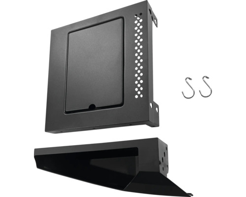 Grillzubehör-Set bestehend aus einer Aufbewahrungsbox mit Klappe, einer Halterung und zwei Haken