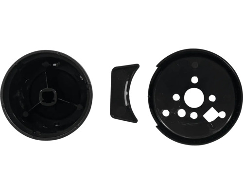 Drei schwarze Kunststoffteile für den Sanitärbereich.