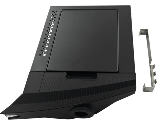 Schwarzer Pelletbehälter mit Befestigungsmaterial für Pelletofen