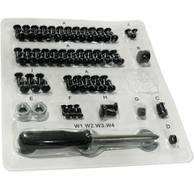 Sortiment mit Schrauben, Muttern und Schraubendreher in transparenter Verpackung