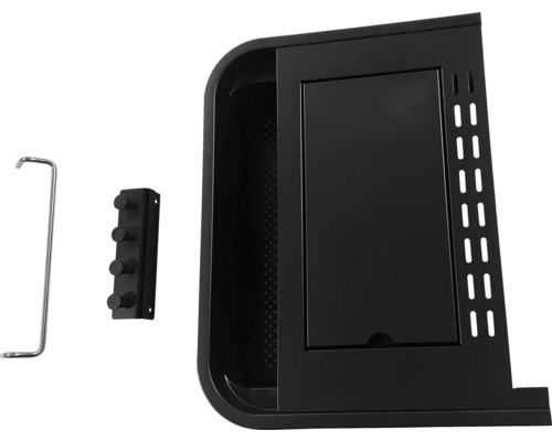 Schwarzer Seitenschrank mit Zubehör