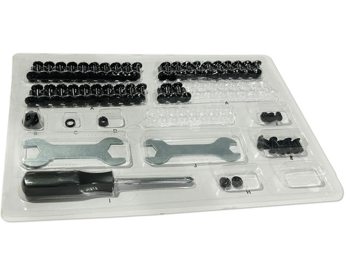 Sortiment an Schrauben, Muttern und Werkzeug in transparenter Kunststoffverpackung.