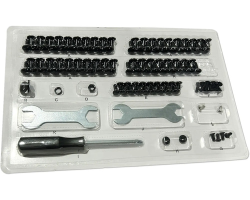 Sortierter Satz mit Schrauben, Muttern und Werkzeugen in transparenter Kunststoffverpackung.