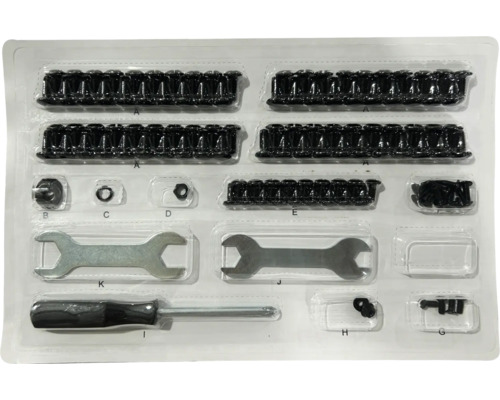 Montagesatz mit Schrauben, Muttern, Unterlegscheiben, Schraubenschlüssel und Schraubendreher in Kunststoffverpackung