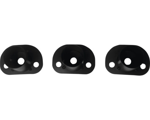 Drei schwarze Heizkörperrosetten aus Metall mit Befestigungslöchern.