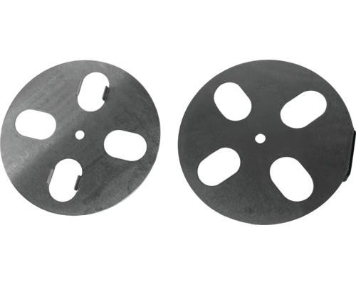 Zwei runde Abdeckplatten aus Metall mit Aussparungen
