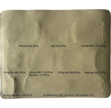 Sortiment mit Radachsen, Muttern, Schrauben, Flügelmuttern, Unterlegscheiben, Federscheiben, Schraubendreher und Schraubenschlüssel