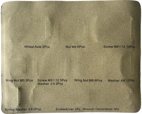 Sortiment mit Radachsen, Muttern, Schrauben, Flügelmuttern, Unterlegscheiben, Federscheiben, Schraubendreher und Schraubenschlüssel