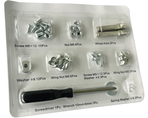 Werkzeugsatz mit Schrauben, Muttern, Unterlegscheiben, Radachse, Schraubendreher und Schraubenschlüssel in Kunststoffverpackung.