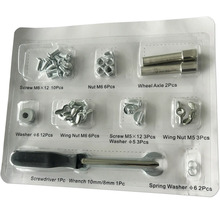 Sortiment mit Schrauben, Muttern, Unterlegscheiben, Radachsen, Schraubendreher und Schraubenschlüssel in transparenter Verpackung