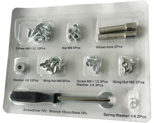 Sortiment mit Schrauben, Muttern, Unterlegscheiben, Radachsen, Schraubendreher und Schraubenschlüssel in transparenter Verpackung