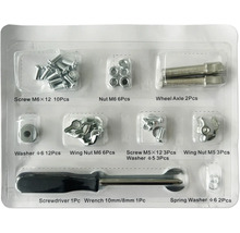 Befestigungssatz mit Schrauben, Muttern, Unterlegscheiben, Radachse, Schraubendreher und Schraubenschlüssel