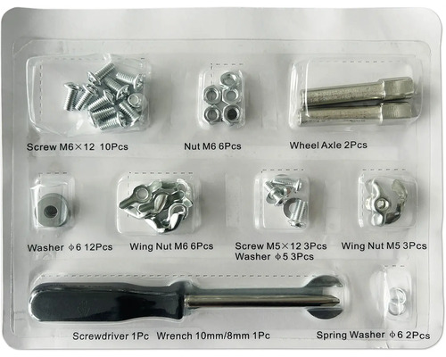 Befestigungssatz mit Schrauben, Muttern, Unterlegscheiben, Radachse, Schraubendreher und Schraubenschlüssel
