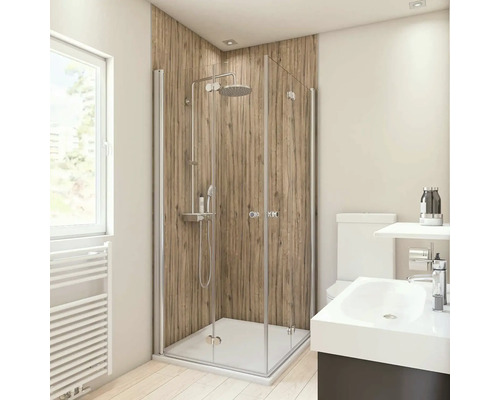 Duschrückwand Breuer Express Q72 2100x1000x3 mm Dekor Holzoptik Eiche Helles Badezimmer mit Duschkabine, Waschbecken und Toilette