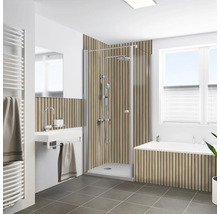 Badezimmer mit Duschkabine, Waschbecken, Heizkörper und Badewanne