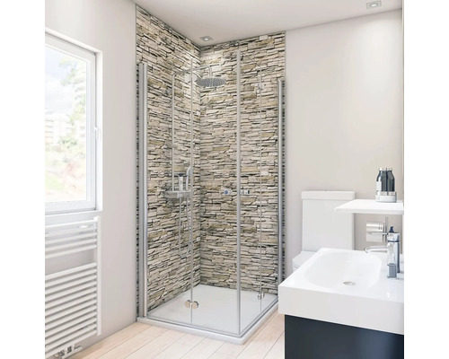 Duschrückwand Breuer Express Q72 2500x1500x3 mm Dekor Maueroptik Verblender hell Modernes Badezimmer mit Dusche, Waschbecken und Toilette