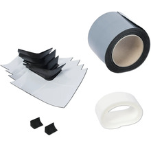 Dachrinnenzubehör inklusive Rinnenwinkel, Dichtband, Innenwinkel und Ablaufstutzen