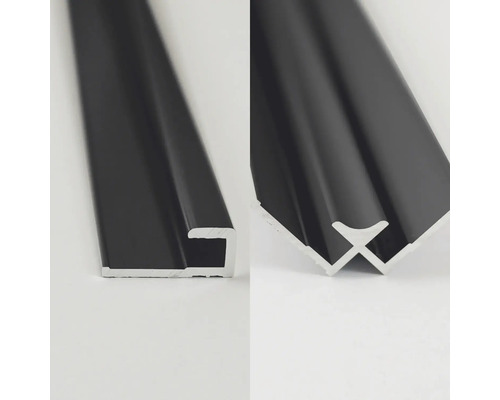 Profil-Set Breuer Express Q72 Set 1 210 cm schwarz matt für Rückwand Zwei Ansichten eines schwarzen Aluminiumprofils