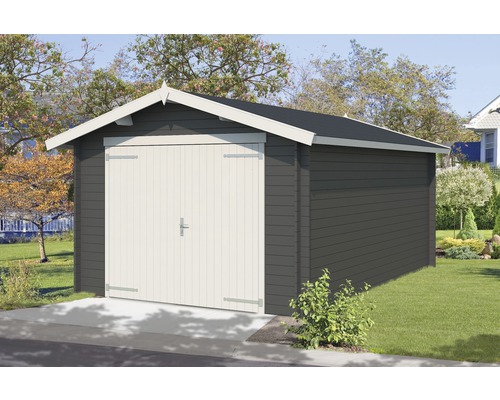Holzgarage mit Doppeltür in einem Garten.