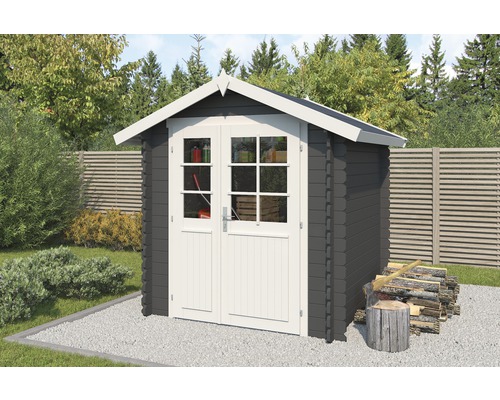 Gartenhaus mit Doppeltür und Holzstapel