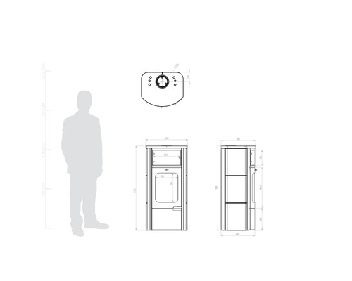 Technische Zeichnung eines Ofens mit Maßangaben.