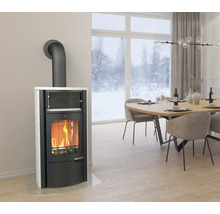Kaminofen im modernen Esszimmer mit Esstisch und Stühlen