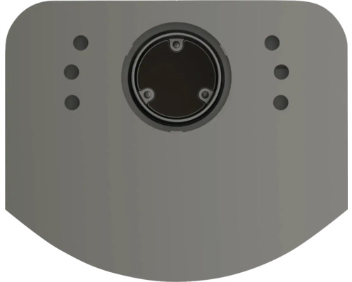 Detailansicht einer Befestigungsplatte mit runder Aussparung und Bohrungen.