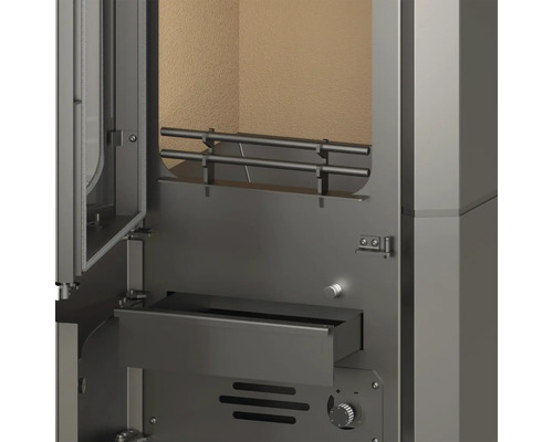 Innenansicht eines Kaminofens mit Brennraum, Aschekasten und Bedienfeld