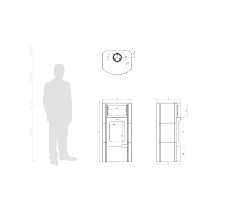 Technische Zeichnung eines Kaminofens mit Maßangaben und Größenvergleich durch eine menschliche Silhouette.