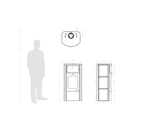 Technische Zeichnung eines Ofens mit Maßen und Größenvergleich